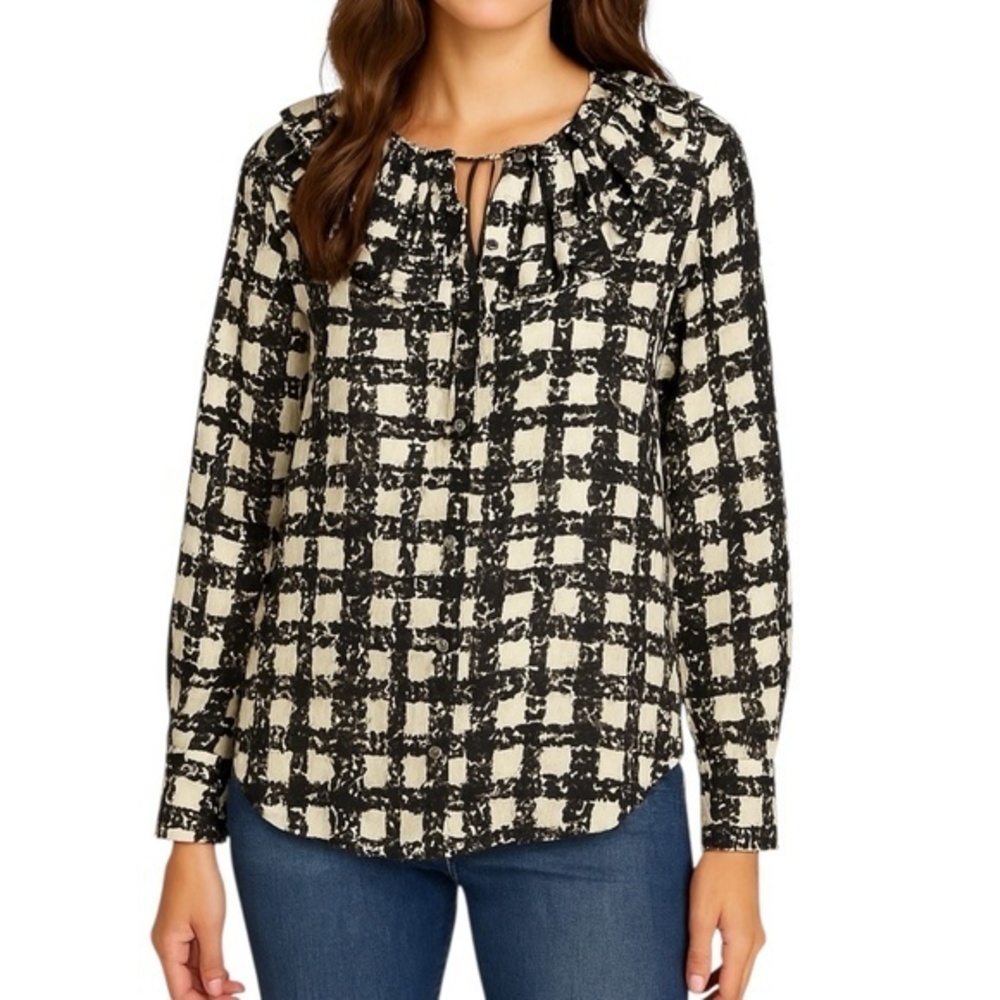 NWT J.Crew Collection 100% Silk Blouse Womens Sz L Black White Plaid Ruffle Neck